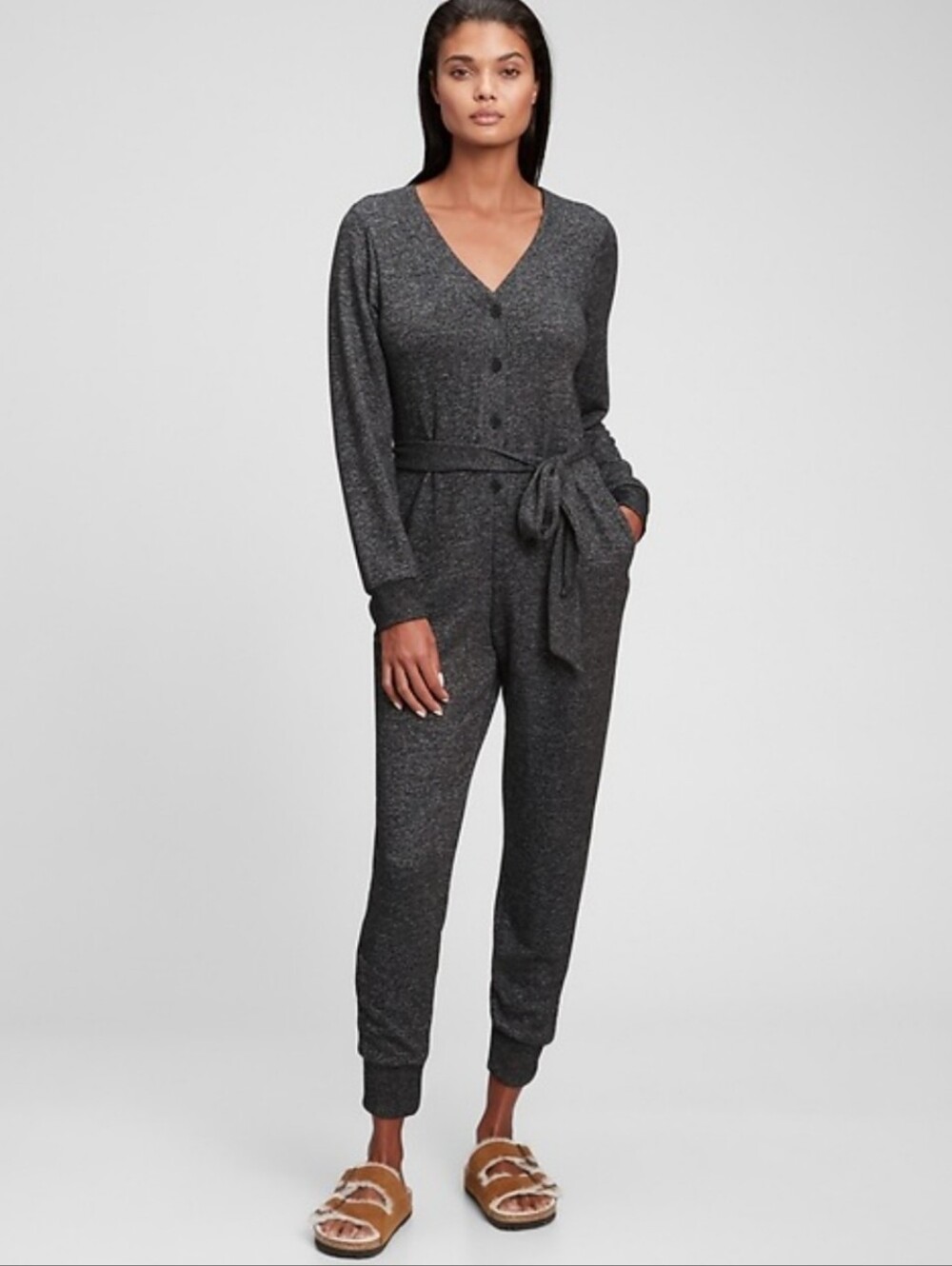 GAP Gray Marled Knit Long Sleeve Jogger Jumpsuit XS